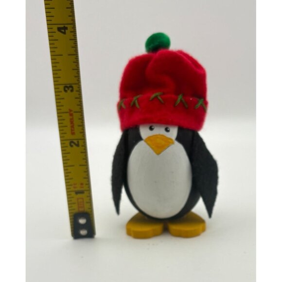 Handcrafted Wooden Penguin Christmas Figurine Festive Red Snow Hat Winter - Picture 3 of 7